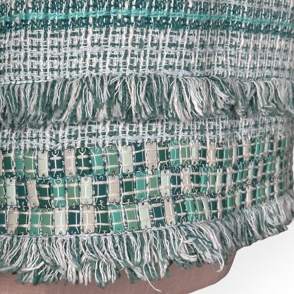 New $375 TORY BURCH Nora Tweed Pencil Skirt Embellished Turquoise Fringe Trim 10 - Picture 9 of 14